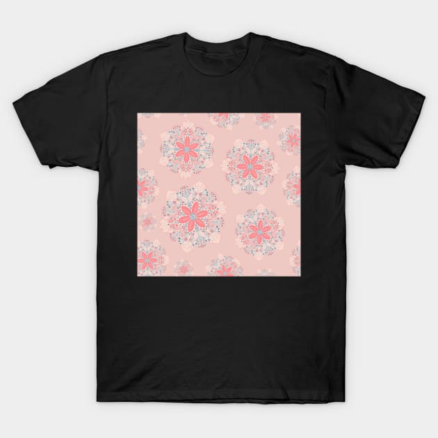 Pink and Blue Blossom Folk Art Repeat Pattern T-Shirt by NattyDesigns